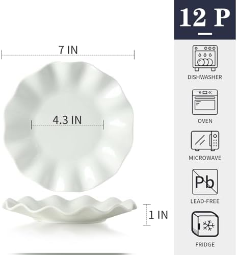 7 Inch Porcelain Small Dinner Plates, Set of 12, White Appetizer Plates, Wave Rim Dessert Salad Plate, Serving Dishes for Cake, Snack, Ice Cream, Waffles, Microwave, Oven, Dishwasher Safe - Image 3