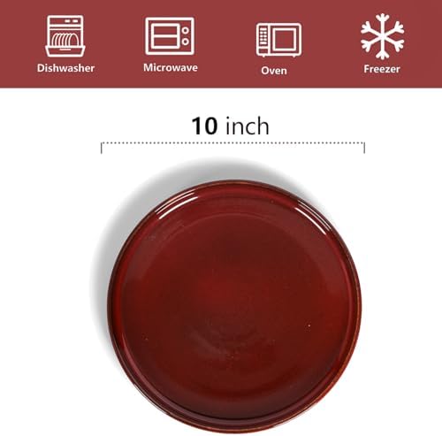 vicrays Ceramic Dinner Plates Set - Porcelain 10 Inch Flat Steak Pasta Pizza Plate Home Party Restaurant Plate Scratch Resistant Microwave Oven and Dishwasher Safe Set of 6 Cherry Red - Image 2