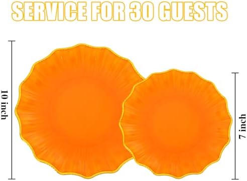 Rubtlamp 60Pcs Orange Plastic Plates - Orange Scalloped Plates with Gold Trim - 30 Dinner & 30 Dessert Platos, Heavy-duty Gold Plates for Party (30 Guests) - Image 2