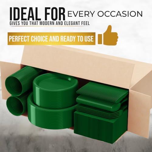 350 Pcs Emerald Green Plastic Plates for Party Emerald Green Disposable Plates Set 50 of Each 9 Dinner Plate Set 7 Dessert Plate Cups Napkins & Cutlery Plastic Dinnerware Set Exquisite - Image 3