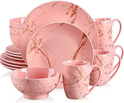 LOVECASA Pink Dinnerware Set for 4, 16 Piece Porcelain Dish With Plates, Bowls and Mugs, Gold Splash Glaze Round Modern Ceramic Dinner Set, Dishwasher Microwave Safe by LOVECASA