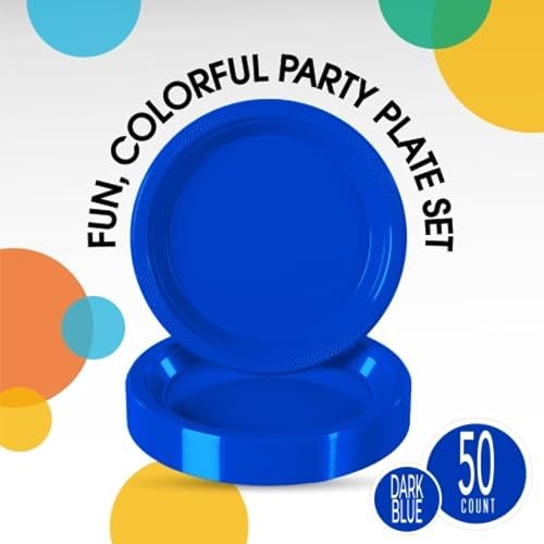 Party Solids Sturdy Dark Blue Plastic Plates 9" Party Plates 50 Pcs - Image 2