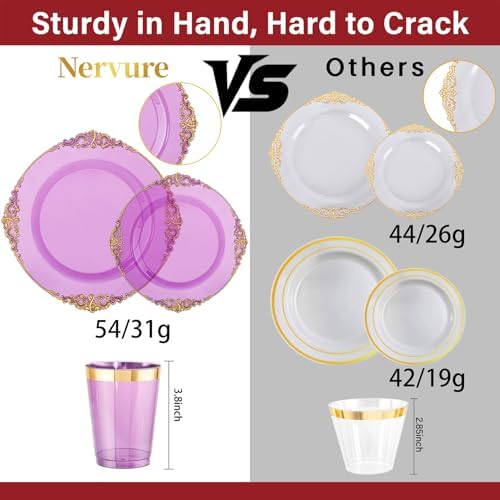 Nervure 175Pcs Clear Purple Plastic Plates, Dinnerware Set for 25 Guests - Image 3