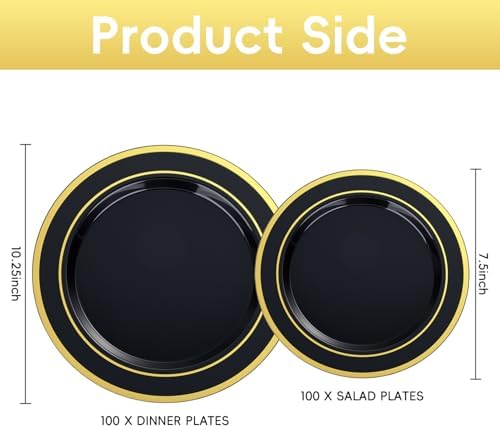BESTVIP 100PCS Black Plastic Plate with Gold Rim - Image 2