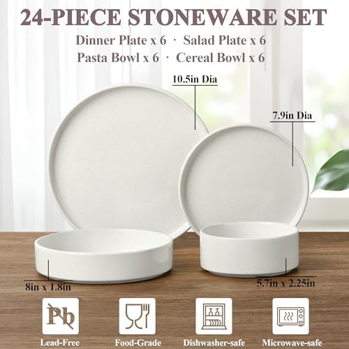Herogo 24 Piece Dinnerware Sets with Pasta Bowls for 6, Dinner Salad Plates and Cereal Serving Bowls, Stoneware Dishes Dinner Ware for Kitchen Dining, Dishwasher & Microwave Safe, Speckled White - Image 2