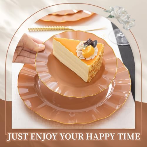 72PCS Mocha Mousse Plastic Plates, Wavy Plates with Gold Rim - Image 6