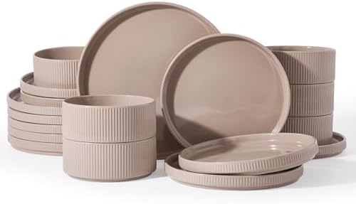 Famiware Stoneware Dishes Dinnerware Sets for 6, Ribbed Plates and Bowls by Famiware