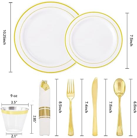 WELLIFE 210 Piece Gold Plastic Dinnerware Set, Include: 30 Dinner Plates, 30 Dessert Plates, 30 Pre Rolled Napkins with Silverware and 30 Cups - Image 2