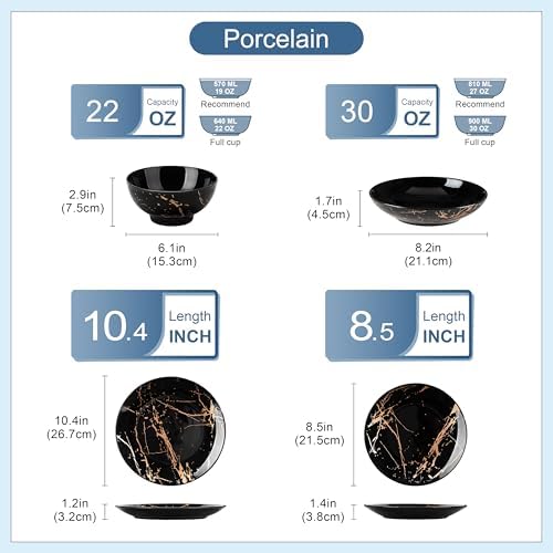 LOVECASA Plates and Bowls Sets for 6, 24 Pieces Porcelain Dinnerware Sets, Black and Gold Dish Set Gold Splash Dishware Sets, Dishwasher Microwave Safe - Image 2