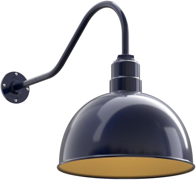 Steel Lighting Co. Hollywood Bowl Light | Outdoor Wall Mounted | 15 inch Bowl Dome | 23" Gooseneck | Barn Light Made in America | Navy Blue Exterior/Brass Interior