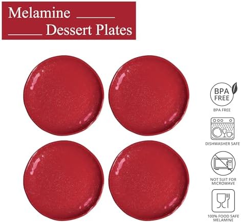 UP Twinkle Dust Melamine Round Dessert Plates, Small Serving Plates, Christmas Decorations, for Appetizer, Snacks, and Side Dishes, Red, 6 Inch, Set of 4 - Image 2