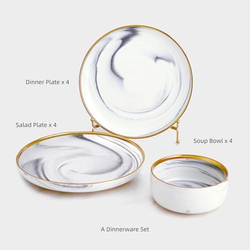 Pokini Marble Gold Rim Dinnerware Sets, Porcelain Plates and Bowls Sets - Image 2
