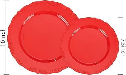U-QE 100PCS Red Plastic Plates - Heavy Duty Valentines Plates Disposable, Red Plates Disposable Include 50PCS 10.25" Dinner Plates and 50PCS 7.5" Dessert/Salad Plates for Valentine's Day, Party