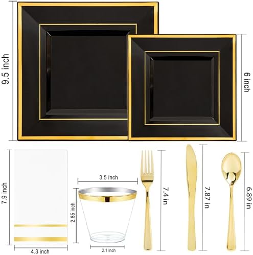 Festiva 350Pcs Black and Gold Plastic Plates-50Guests Disposable Square Black Dinnerware Set include 100 Plastic Plates,50Cups,150Plastic Cutlery,50Napkins for Halloween &Wedding - Image 2