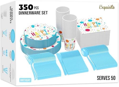 Exquisite 350 Pcs Blue Happy Birthday Plates and Napkins Set, Blue Birthday Plates Set, 50 Of Each 9" Dinner Plate, 7" Dessert Plate, 12 oz Cups, Napkins & Cutlery Plastic Dinnerware Set by Exquisite