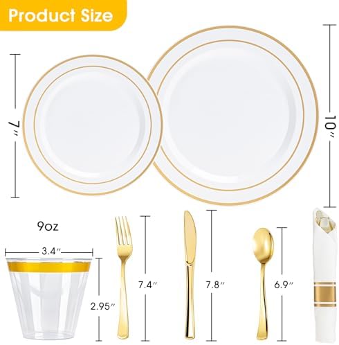 N9R 350PCS White and Gold Plastic Plates, Disposable Dinnerware Set - Image 2