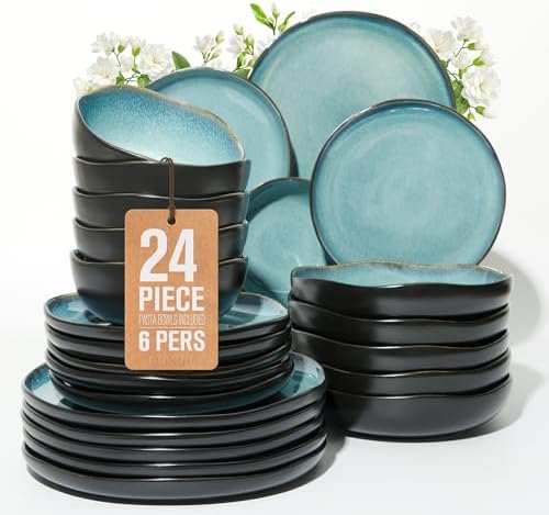 Pokini 24 Pieces Dinnerware Set for 6 with Pasta Bowls, Complete Ceramic Dish Set, Stackable & Glossy Stoneware Plate and Bowl Set for Effortless Everyday Hosting, Green Black by Pokini