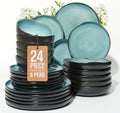 Pokini 24 Pieces Dinnerware Set for 6 with Pasta Bowls, Complete Ceramic Dish Set, Stackable & Glossy Stoneware Plate and Bowl Set for Effortless Everyday Hosting, Green Black by Pokini