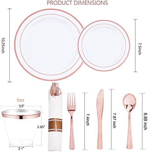 WELLIFE 350 Pieces Rose Gold Plastic Dinnerware, 50 Guests Disposable Plates with Rose Gold silverware and Cups, 50 Pre Rolled Napkins with Cutlery, Perfect for Wedding and Party - Image 2
