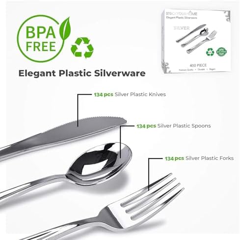 Silver Plastic Silverware Set (400-Pack) – Disposable Heavy Duty Cutlery, 134 Forks, 134 Knives, 134 Spoons for Parties, Weddings, Dinners & Holidays, Stock Your Home - Image 2