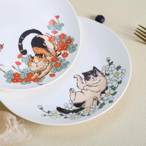 Colias Wing 8 Inch Cat and Flower Pattern Stylish Design Ceramic Salad/Pasta/Fruit/Appetizer/Dessert Dishes Holiday Plates Christmas Dinner Plates-Set of 4-4 Cats-8 Inch - Image 7