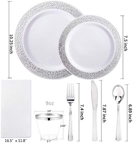 WELLIFE 700 Pieces Silver Disposable Plastic Dinnerware, Includes:100 Dinner Plates, 100 Dessert Plates, 100 Cups, 400 Pre Rolled Napkins with Silver Cutlery - Image 2