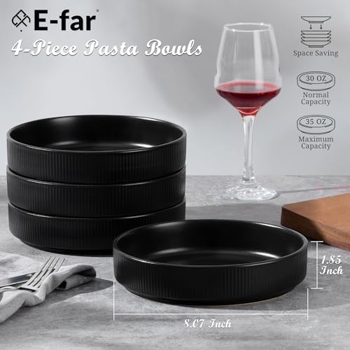 E-far Pasta Bowls Set of 4, 35oz Large Salad Bowl Plate for Dinner Serving Soup, Wide & Shallow Ceramic Stoneware Pasta Plates, Microwave & Dishwasher Safe, Reactive Glaze Texture-Stripe, Matte Black - Image 2