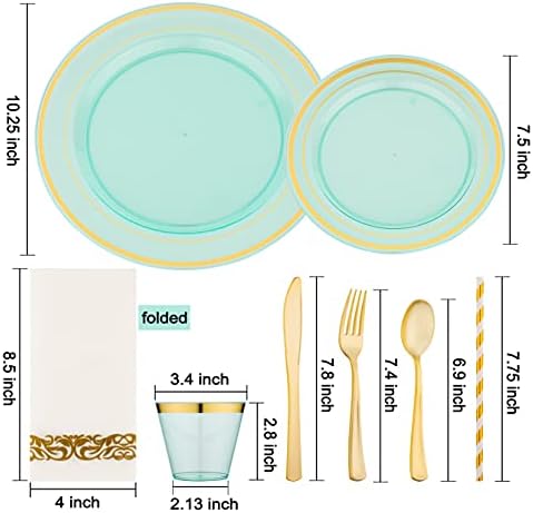 400PCS Mint Green Plastic Plates for 50 Guests, Disposable Plates Heavy Duty,100 Fancy Plates, 150 Gold Silverware, 50 Cups, 50 Napkins, 50 Straws Wedding, St. Patrick's Day, Easter - Image 2