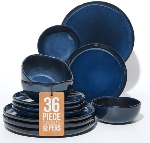 Pokini Extra Large Dinnerware Set for 12, 36 Pieces Ceramic Plates and Bowls Set, Kitchen Dish Set, Microwave & Dishwasher Safe Dishware, Ocean-Inspired Stoneware for Big Gatherings, Starry Blue by Pokini