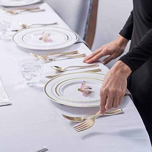 125-Piece White and Gold Fancy Plastic Plates Disposable with Silverware, Elegant Dinnerware for Weddings, Holiday Party China, Set of 25 Dinner + Salad Plates, 25 Spoons, 25 Forks, 25 Knives - Image 3