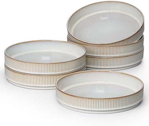 E-far Pasta Bowls Set of 6, 35oz Large Salad Bowl Plate for Dinner Serving, Wide & Shallow Ceramic Stoneware Pasta Plates, Microwave & Dishwasher Safe, Reactive Glaze Textured Stripes, Creamy Beige by E-far