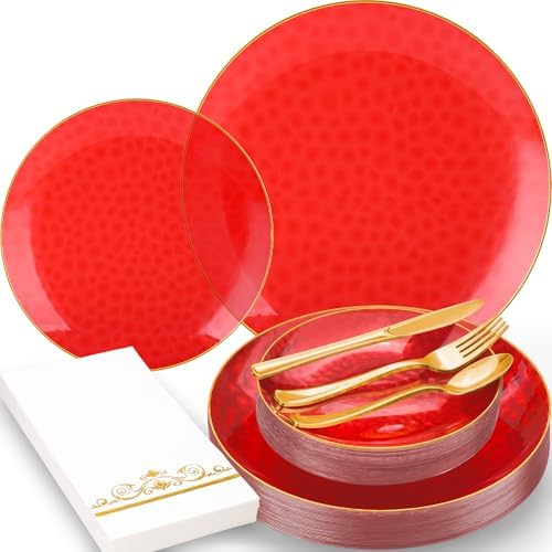 150 Pcs Red Plastic Dinnerware Set, Disposable Plates for 25 Guests by BONSINY
