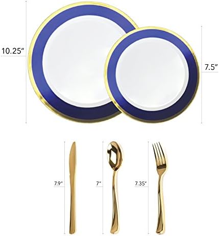 125-Piece White, Blue, and Gold Fancy Plastic Plates Disposable with Silverware, Elegant Dinnerware for Weddings, Holiday Party China, Set of 25 Dinner + Salad Plates, 25 Spoons, 25 Forks, 25 Knives - Image 4