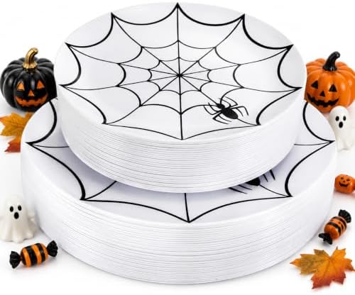 WDF 60Pieces Halloween Plates Disposable Plastic - White and Black with Cobwebs plates Dinnerware include 30PCS 10.25inch and 30PCS 7.5inch Plates for Halloween by WDF