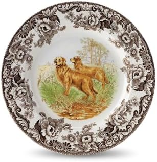 Spode Woodland Hunting Dogs Golden Retriever Salad Plate - 8" Fine Earthenware with British Flowers Border, Microwave, Dishwasher & Warm Oven Safe - Rustic Dog-Themed Tableware - Made in England by Spode