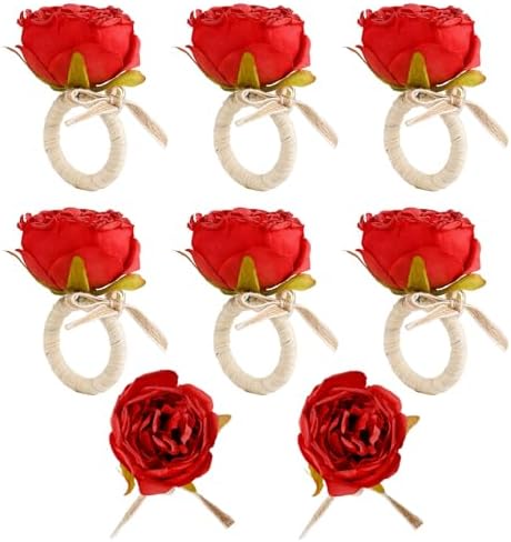 Red Flower Napkin Rings Set of 8, Handmade Peony Napkin Holder Floral Rings with Jute Bow Buckles for Summer, Wedding, Banquet, Birthday, Christmas, Valentine's, Thanksgiving Table Decoration by FEKIDO