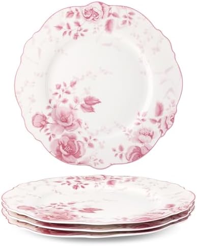 fanquare 10.5 Inch Large Round Pink Floral Porcelain Dinner Plate Sets of 4 by fanquare