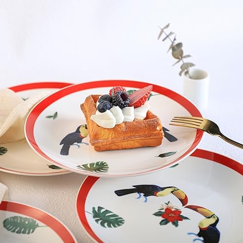 Colias Wing 8 Inch Flower Bird Pattern Stylish Design Ceramic Salad/Pasta/Fruit/Appetizer/Dessert Dishes Holiday Plates Christmas Dinner Plates-Set of 4-Toucan - Image 4