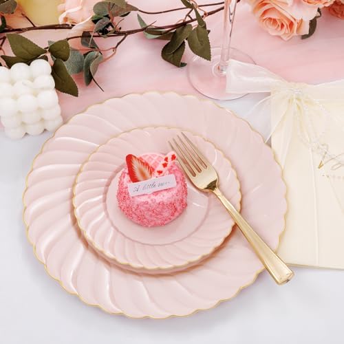 YOUBET 125PCS Pink Plastic Plates with Gold Rim for Wedding Birthday Party - Image 3