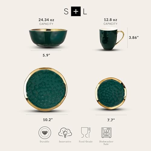 Stone Lain Florian Modern Porcelain 16 Piece Dinnerware Set, Plates and Bowls Set, Dish set for 4, Green and Golden Rim - Image 2