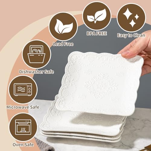 White Small Dessert Plates Set of 4,Ceramic Dinner Plates 6 Inch for Appetizer, Fruits, Cake, Microwave Safe,Christmas Gift,Relief Style - Image 3