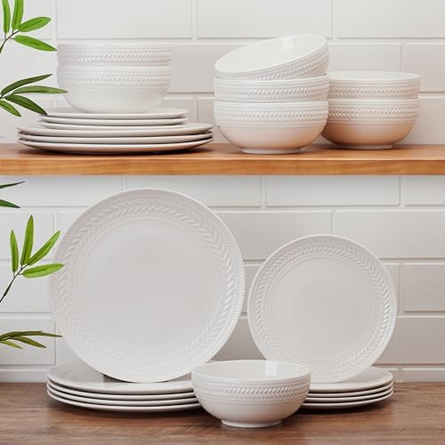 Pfaltzgraff Josephine 24-Piece Dinnerware Set, Porcelain Dish Set with Embossed Basket Weave Design, Service for 8, White Plates and Bowls Sets, Microwave and Dishwasher Safe - Image 4
