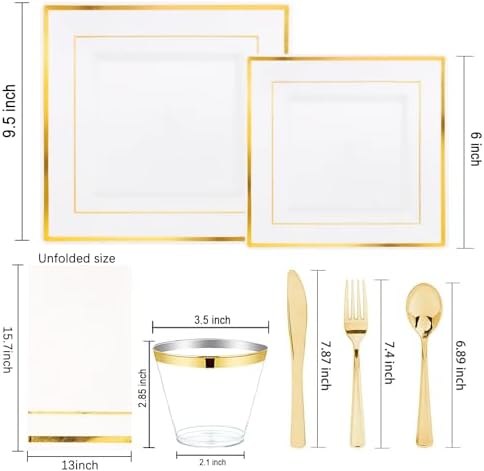 Festiva 350Pcs Gold Plastic Plates - Disposable Square Gold Plates Dinnerware set include 9.5"/6" Plates,Cups,Plastic Cutlery,Hand Napkins Perfect for 50 guests Party&Birthday&Wedding - Image 2