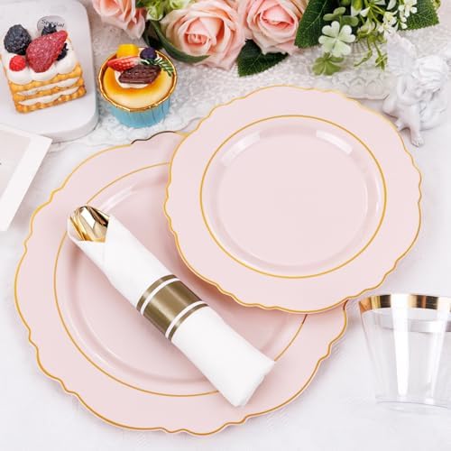 Liacere 175PCS Pink Plates Disposable - Pink and Gold Plates 25guest Baroque Plastic Dinnerware include 50Plates, 25Pack Pre Rolled Napkins with Silverware 25Cups Perfect for Wedding & Party - Image 6