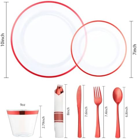 realluck 350 PCS Clear Red Plastic Dinnerware Set for 50 Guests, 100 Disposable Plates for Party, 50 Pre Rolled Napkins with Red Silverware, 50 Cups for Graduation - Image 2
