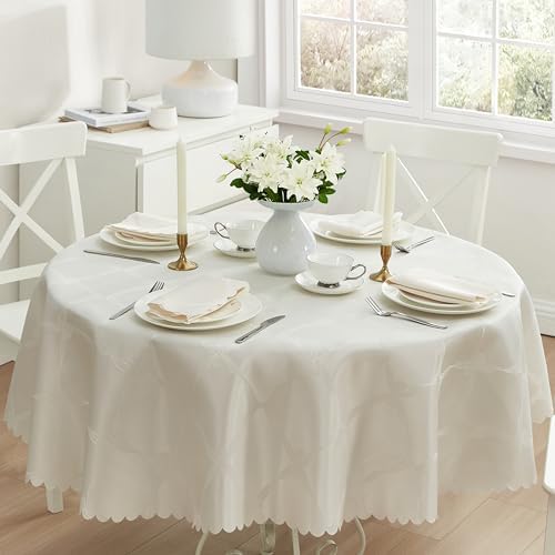 Newbridge Ribbons and Bows Damask Fabric Tablecloth, Ivory, 90 Inch Round, Wrinkle & Stain Resistant Table Cover by HomeBargainsPlus