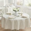 Newbridge Ribbons and Bows Damask Fabric Tablecloth, Ivory, 90 Inch Round, Wrinkle & Stain Resistant Table Cover by HomeBargainsPlus