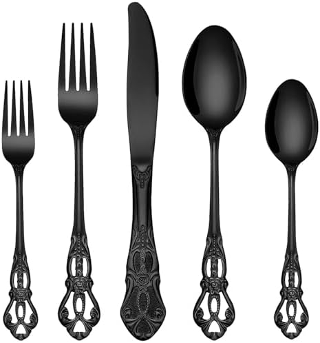 EUIRIO 40 Pieces Black Silverware Set, Royal Retro Flatware Set for 8, Stainless Steel Cutlery Set with Luxury Forks Spoons and Knives, Utensils Set Mirror Polished, Dishwasher Safe by EUIRIOSILVERWARESET