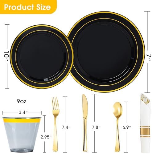 N9R 350PCS Black Gold Plastic Plates, Disposable Dinnerware Set for Party - Image 2
