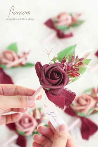Floroom Set of 6 Dusty Rose & Burgundy Foam Rose Boutonnieres with Pins for Men Wedding for Groom Groomsmen Wedding Ceremonies Anniversaries Formal Dinners Parties Proms - Image 4